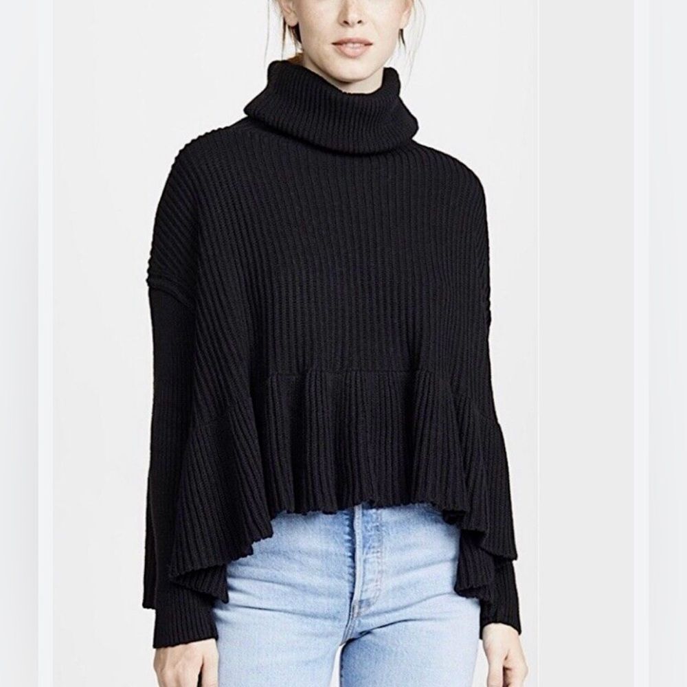 Free People Layer Cake Black Slouchy Ruffled Turtleneck Sweater Size XS